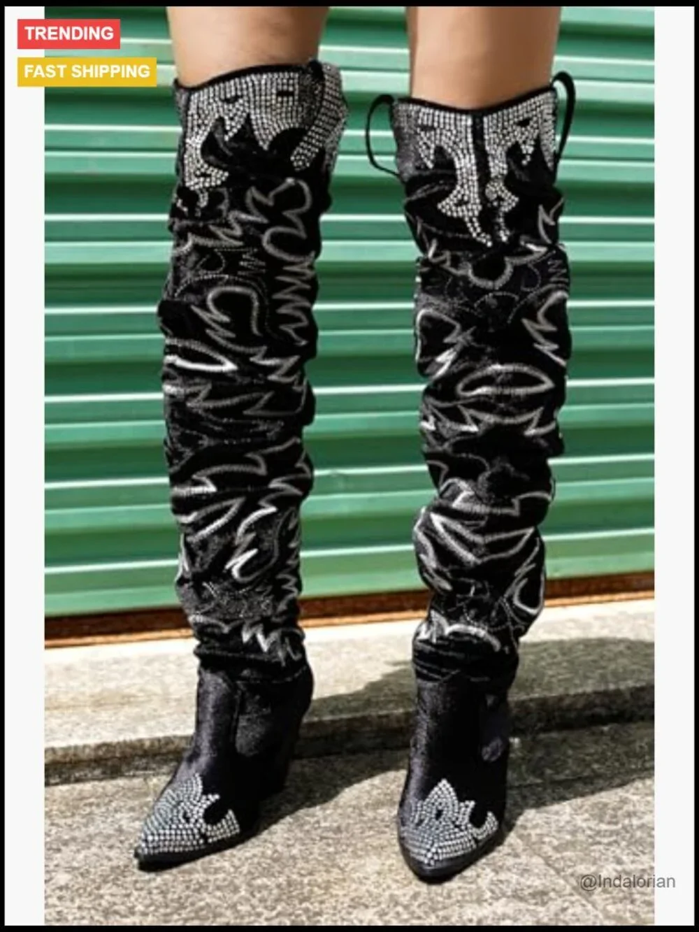 Rhinestone Embroidered Cowboy Boots Thigh High Slouchy Wide Calf Over the Knee